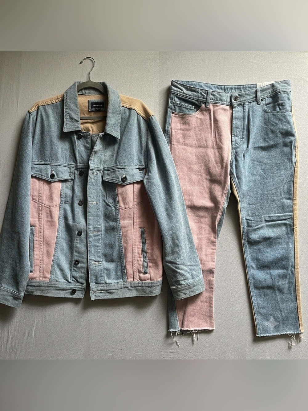 Barney Cools Colorblock Denim Jacket Jeans Set Pink Blue XL